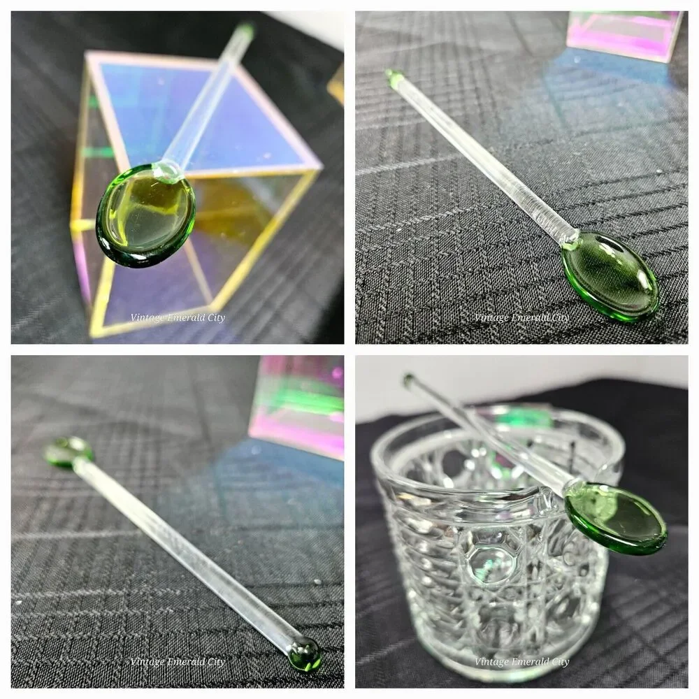 Emerald Glass Long Stir Tea Spoon Green & Clear Sugar & Teaspoon Rounded Point